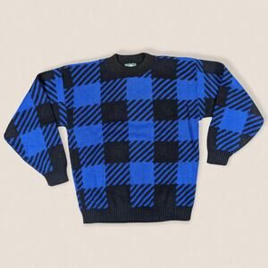 Vintage Grandpa Sweater Plaid Size Small Black Blue Cabin Creek